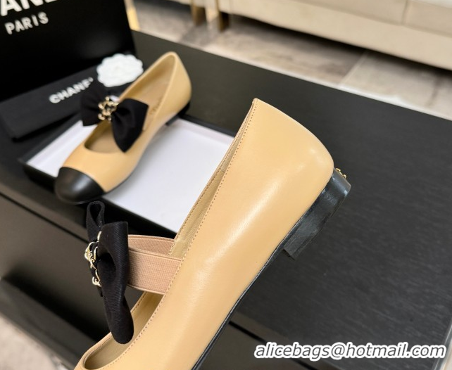 Good Looking Chanel Lambskin Leather Mary Janes Ballet Flats with Bow Beige 2025 CH110303 1103072