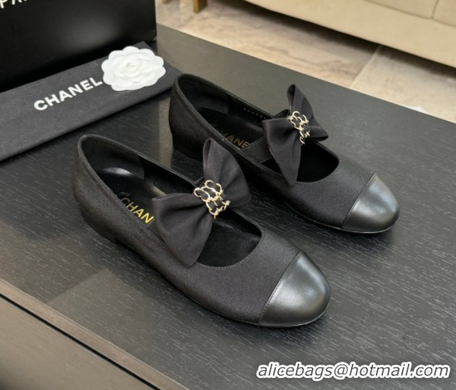 1:1 aaaaa Chanel Grosgrain & Calfskin Leather Mary Janes Ballet Flats with Bow Black 2025 CH110303 1103073
