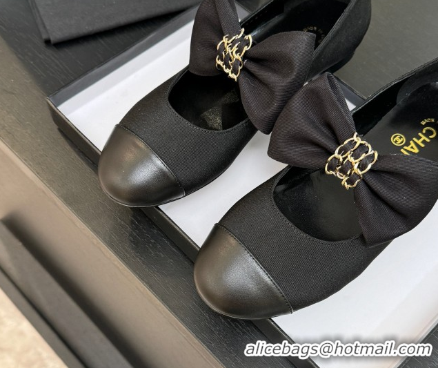 1:1 aaaaa Chanel Grosgrain & Calfskin Leather Mary Janes Ballet Flats with Bow Black 2025 CH110303 1103073