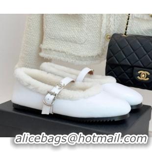 Luxurious Chanel Calfskin Leather and Wool Mary Janes Ballet Flats White 2025 CH110304 1103075