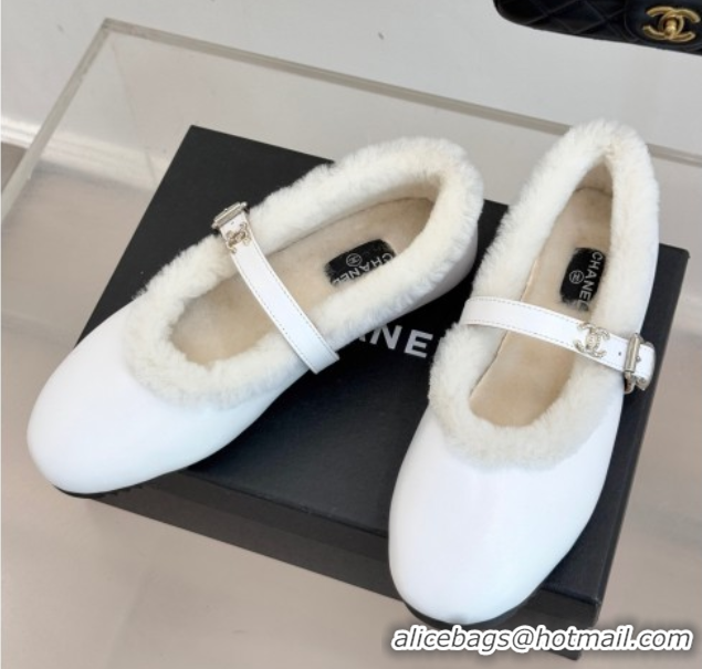 Luxurious Chanel Calfskin Leather and Wool Mary Janes Ballet Flats White 2025 CH110304 1103075