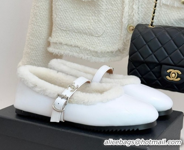 Luxurious Chanel Calfskin Leather and Wool Mary Janes Ballet Flats White 2025 CH110304 1103075