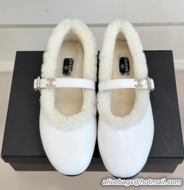 Luxurious Chanel Calfskin Leather and Wool Mary Janes Ballet Flats White 2025 CH110304 1103075