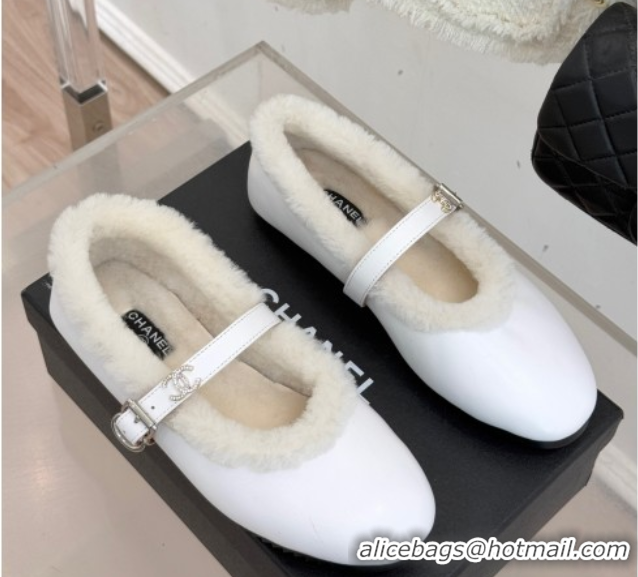 Luxurious Chanel Calfskin Leather and Wool Mary Janes Ballet Flats White 2025 CH110304 1103075