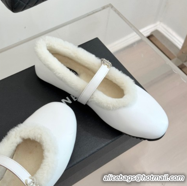 Luxurious Chanel Calfskin Leather and Wool Mary Janes Ballet Flats White 2025 CH110304 1103075