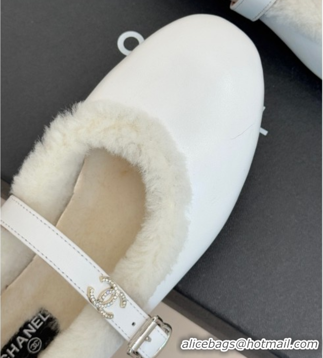 Luxurious Chanel Calfskin Leather and Wool Mary Janes Ballet Flats White 2025 CH110304 1103075