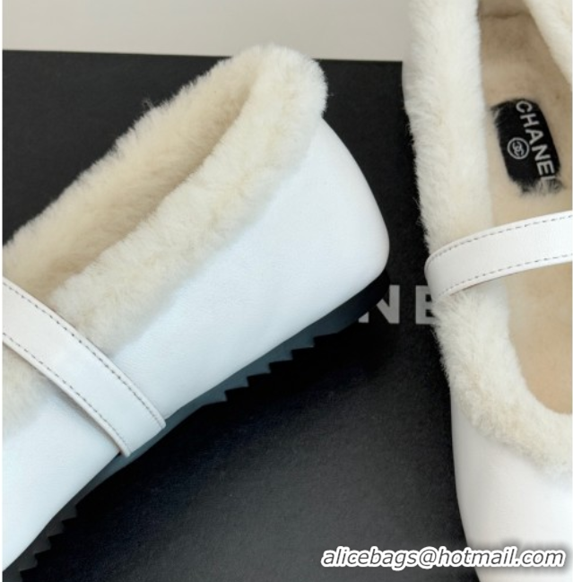 Luxurious Chanel Calfskin Leather and Wool Mary Janes Ballet Flats White 2025 CH110304 1103075