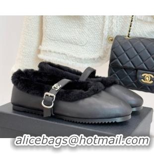 Classic Hot Chanel Calfskin Leather and Wool Mary Janes Ballet Flats Black 2025 CH110304 51103076