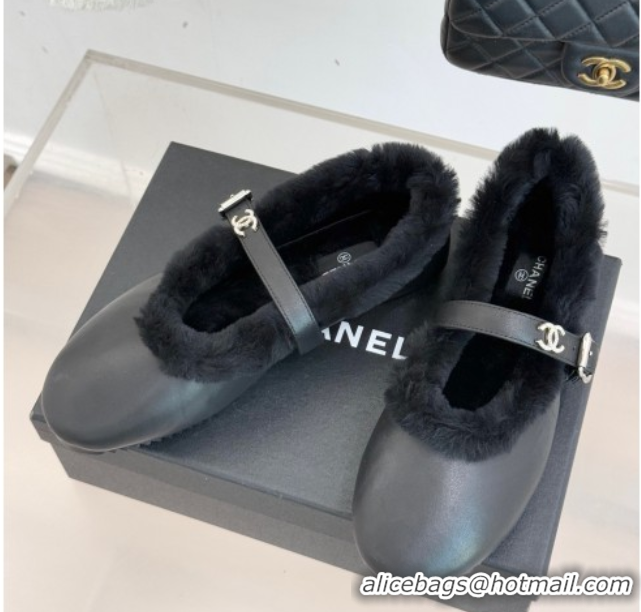 Classic Hot Chanel Calfskin Leather and Wool Mary Janes Ballet Flats Black 2025 CH110304 51103076
