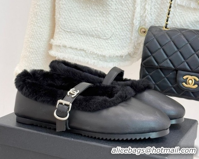 Classic Hot Chanel Calfskin Leather and Wool Mary Janes Ballet Flats Black 2025 CH110304 51103076