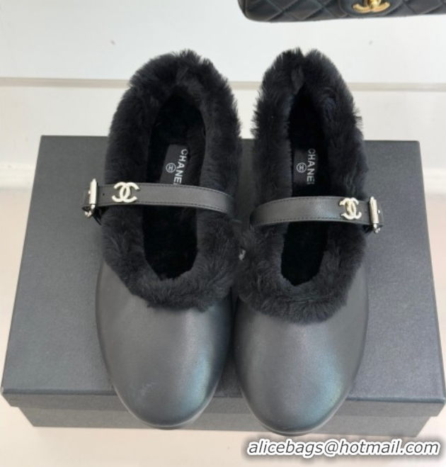 Classic Hot Chanel Calfskin Leather and Wool Mary Janes Ballet Flats Black 2025 CH110304 51103076