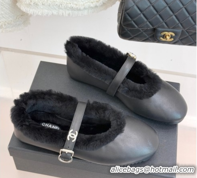 Classic Hot Chanel Calfskin Leather and Wool Mary Janes Ballet Flats Black 2025 CH110304 51103076