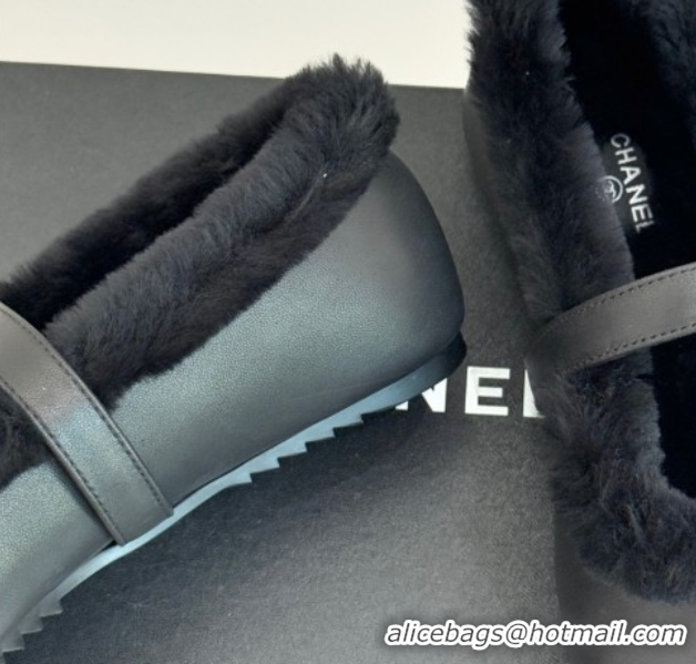 Classic Hot Chanel Calfskin Leather and Wool Mary Janes Ballet Flats Black 2025 CH110304 51103076