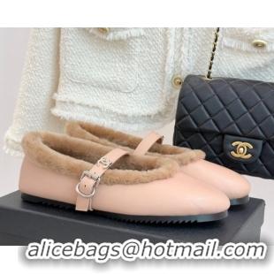Good Quality Chanel Calfskin Leather and Wool Mary Janes Ballet Flats Light Pink 2025 CH110304 51103077
