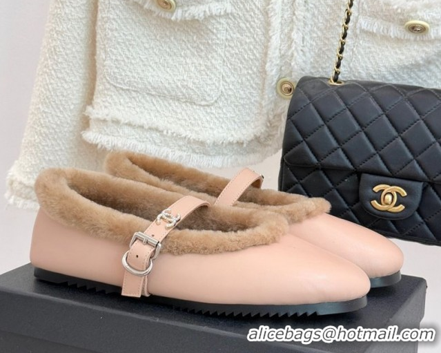 Good Quality Chanel Calfskin Leather and Wool Mary Janes Ballet Flats Light Pink 2025 CH110304 51103077