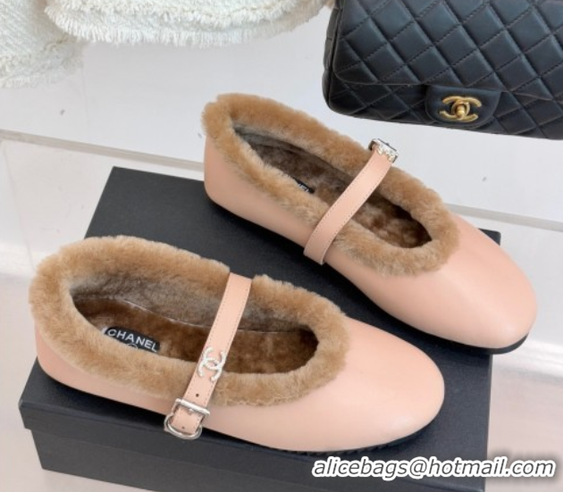 Good Quality Chanel Calfskin Leather and Wool Mary Janes Ballet Flats Light Pink 2025 CH110304 51103077