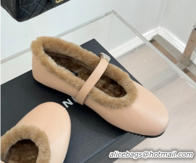 Good Quality Chanel Calfskin Leather and Wool Mary Janes Ballet Flats Light Pink 2025 CH110304 51103077