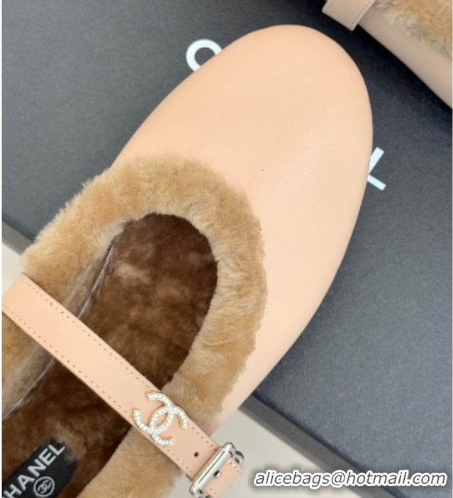 Good Quality Chanel Calfskin Leather and Wool Mary Janes Ballet Flats Light Pink 2025 CH110304 51103077