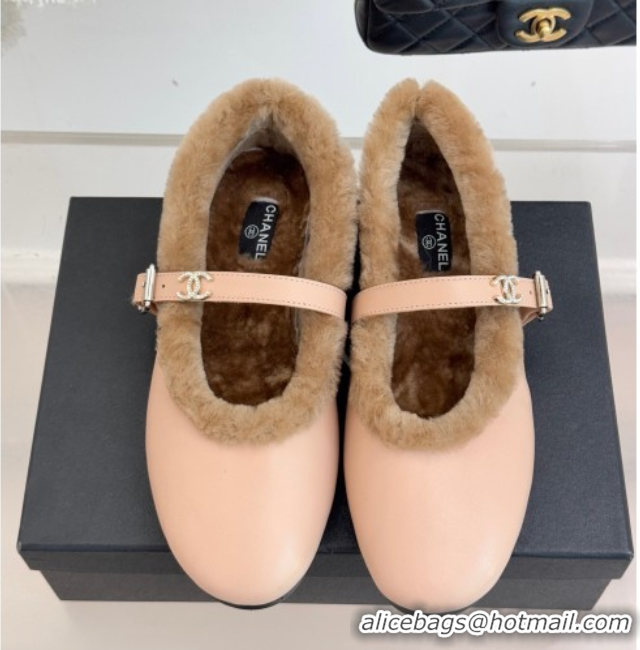 Good Quality Chanel Calfskin Leather and Wool Mary Janes Ballet Flats Light Pink 2025 CH110304 51103077