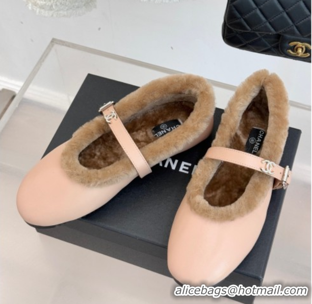 Good Quality Chanel Calfskin Leather and Wool Mary Janes Ballet Flats Light Pink 2025 CH110304 51103077