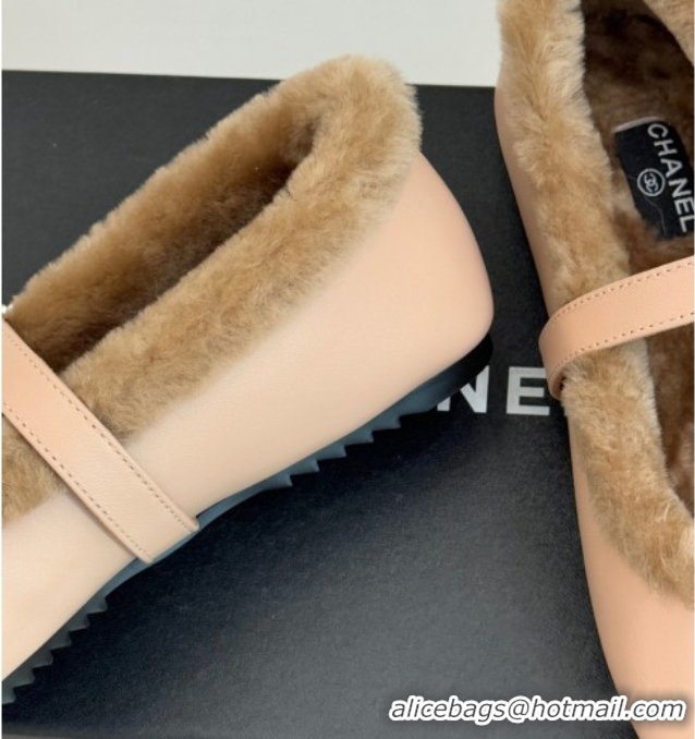 Good Quality Chanel Calfskin Leather and Wool Mary Janes Ballet Flats Light Pink 2025 CH110304 51103077