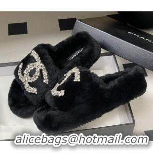 Best Grade Chanel Wool Platform Slides Sandal with Strass CC Black 2025 CH110305 1103081