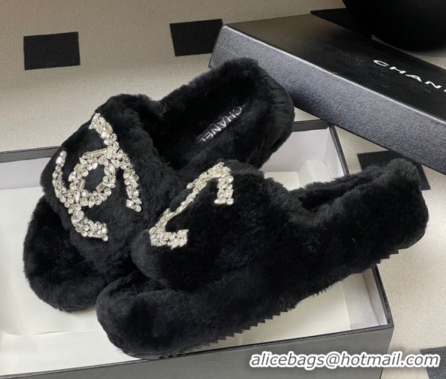 Best Grade Chanel Wool Platform Slides Sandal with Strass CC Black 2025 CH110305 1103081