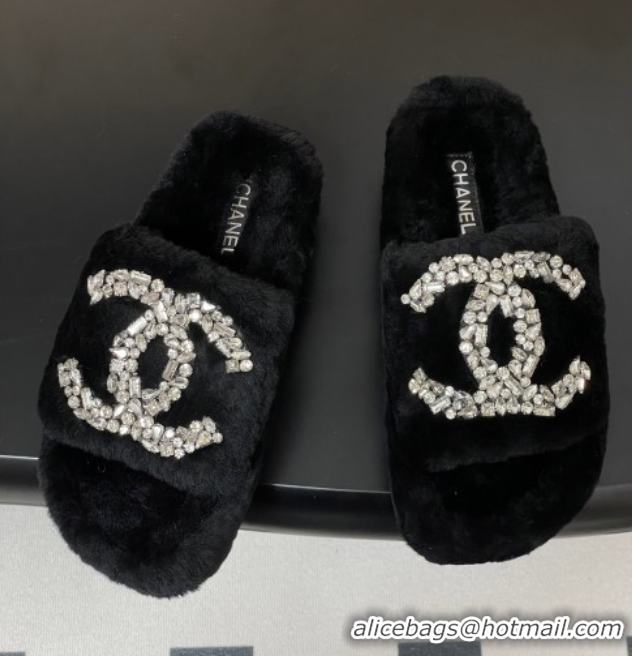 Best Grade Chanel Wool Platform Slides Sandal with Strass CC Black 2025 CH110305 1103081