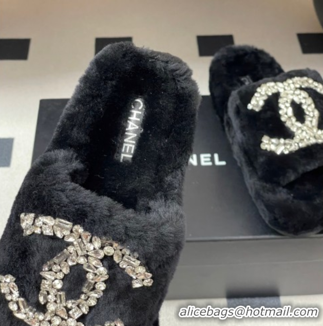 Best Grade Chanel Wool Platform Slides Sandal with Strass CC Black 2025 CH110305 1103081