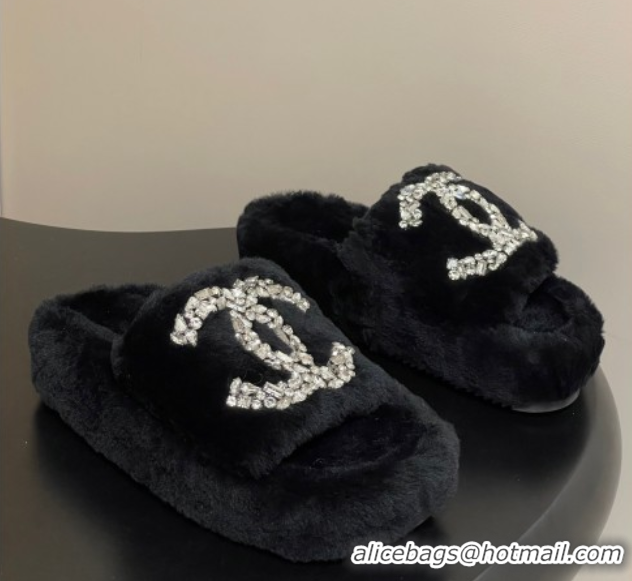 Best Grade Chanel Wool Platform Slides Sandal with Strass CC Black 2025 CH110305 1103081