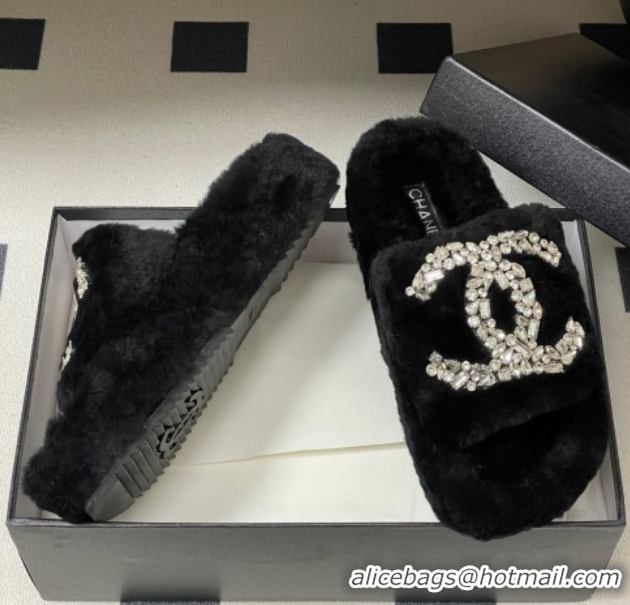 Best Grade Chanel Wool Platform Slides Sandal with Strass CC Black 2025 CH110305 1103081