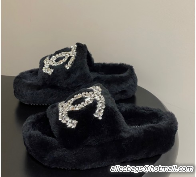 Best Grade Chanel Wool Platform Slides Sandal with Strass CC Black 2025 CH110305 1103081