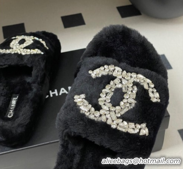 Best Grade Chanel Wool Platform Slides Sandal with Strass CC Black 2025 CH110305 1103081