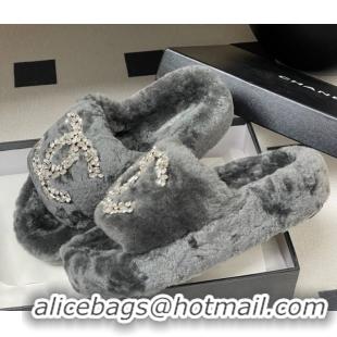 Good Looking Chanel Wool Platform Slides Sandal with Strass CC Grey 2025 CH110305 1103083