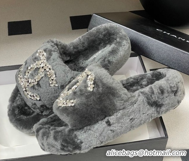 Good Looking Chanel Wool Platform Slides Sandal with Strass CC Grey 2025 CH110305 1103083