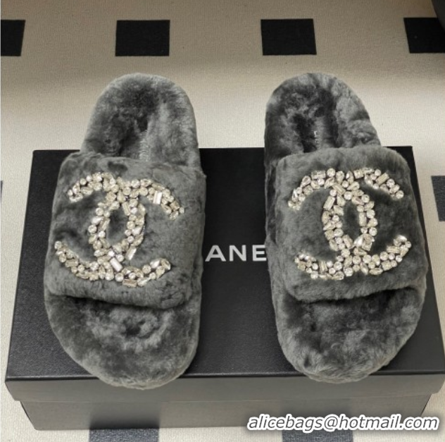 Good Looking Chanel Wool Platform Slides Sandal with Strass CC Grey 2025 CH110305 1103083