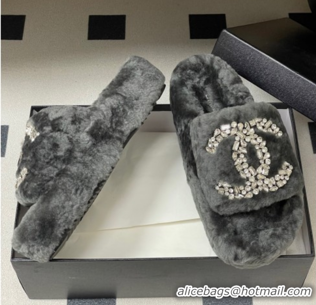 Good Looking Chanel Wool Platform Slides Sandal with Strass CC Grey 2025 CH110305 1103083