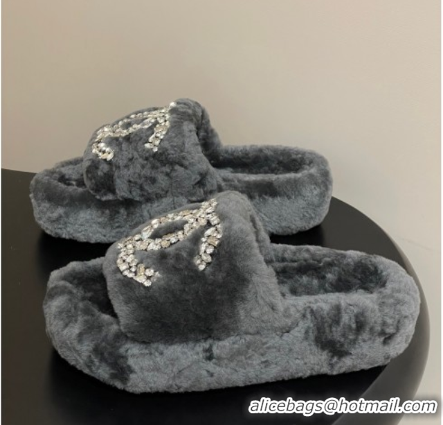 Good Looking Chanel Wool Platform Slides Sandal with Strass CC Grey 2025 CH110305 1103083