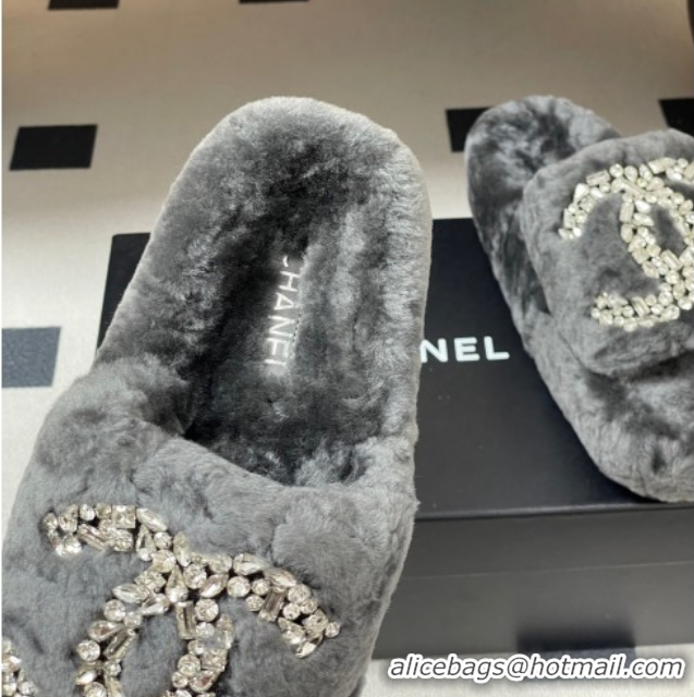 Good Looking Chanel Wool Platform Slides Sandal with Strass CC Grey 2025 CH110305 1103083