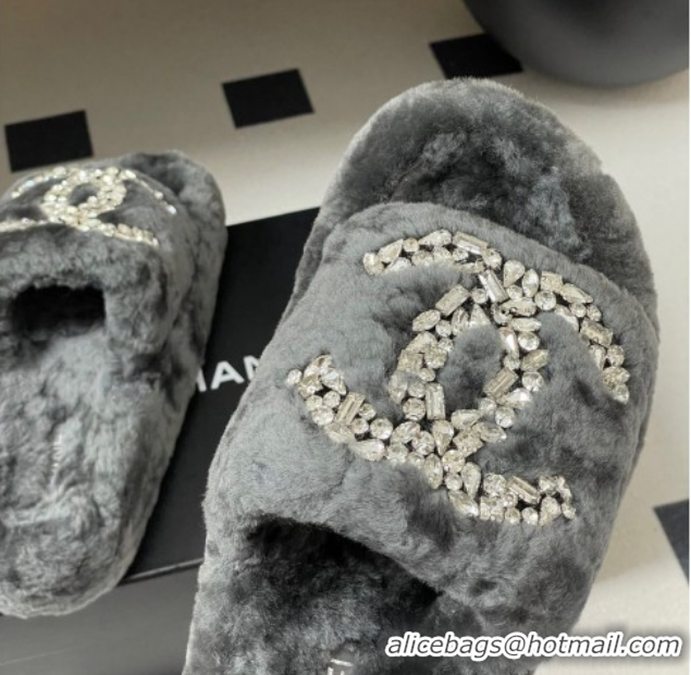 Good Looking Chanel Wool Platform Slides Sandal with Strass CC Grey 2025 CH110305 1103083