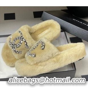 Top Design Chanel Wool Platform Slides Sandal with Strass CC Beige 2025 CH110305 51103084