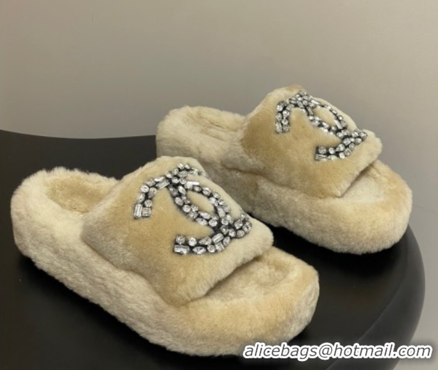 Top Design Chanel Wool Platform Slides Sandal with Strass CC Beige 2025 CH110305 51103084