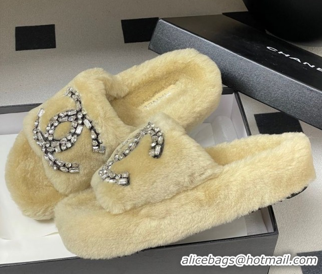 Top Design Chanel Wool Platform Slides Sandal with Strass CC Beige 2025 CH110305 51103084