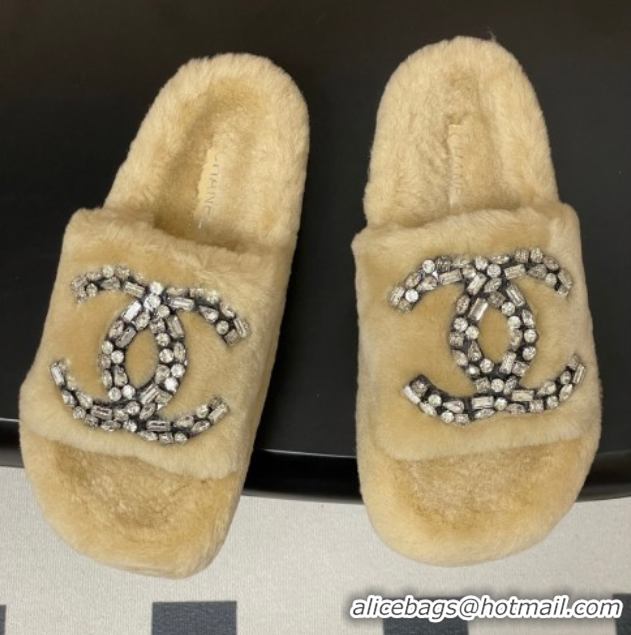 Top Design Chanel Wool Platform Slides Sandal with Strass CC Beige 2025 CH110305 51103084