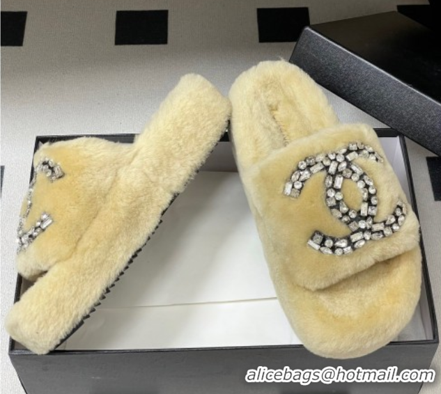 Top Design Chanel Wool Platform Slides Sandal with Strass CC Beige 2025 CH110305 51103084