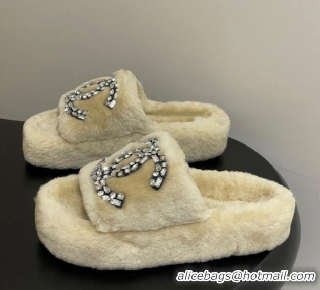 Top Design Chanel Wool Platform Slides Sandal with Strass CC Beige 2025 CH110305 51103084