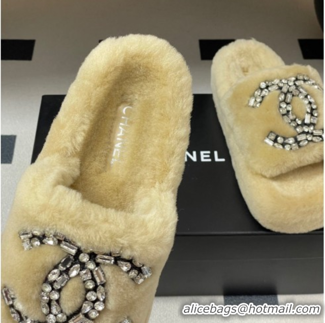 Top Design Chanel Wool Platform Slides Sandal with Strass CC Beige 2025 CH110305 51103084