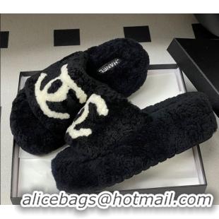 Low Price Chanel Wool Platform Slides Sandal with Maxi CC Black 2025 CH110306 1103086