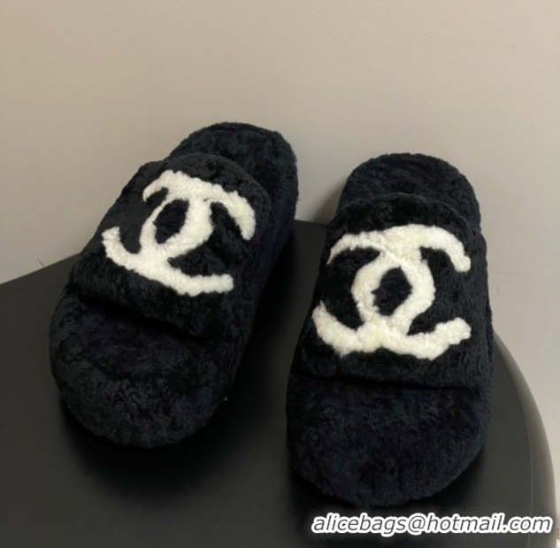 Low Price Chanel Wool Platform Slides Sandal with Maxi CC Black 2025 CH110306 1103086