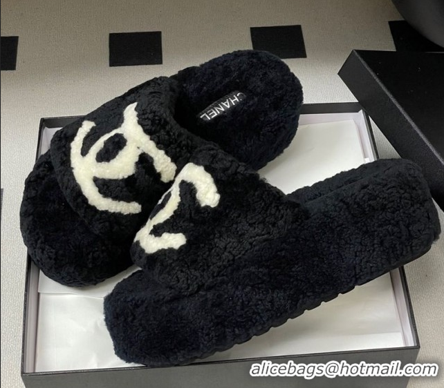 Low Price Chanel Wool Platform Slides Sandal with Maxi CC Black 2025 CH110306 1103086